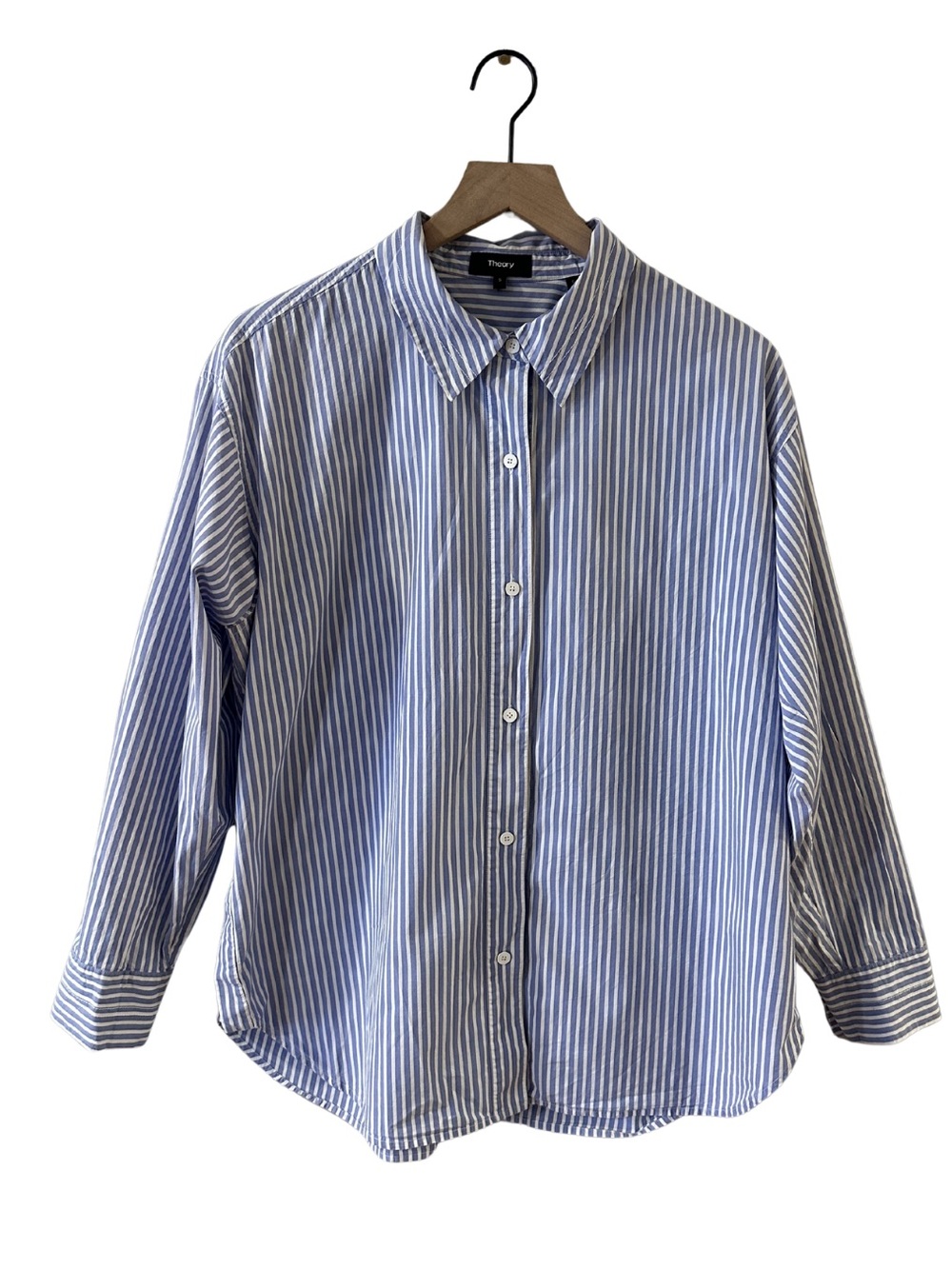 Theory Oversized Cotton Blue and White Striped Buttondown Shirt